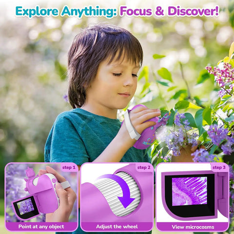 Kid Friendly Digital Microscope Handheld Miniscope With 4K 2.0 Inch Screen Rechargeable Portable Magnifier 1000x Zoom STEM Learning Toy Gift With Slides Kit For 4 To 12 Year Olds Violet, child using it outdoors