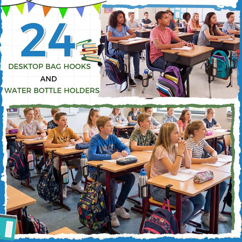 Students using 24 Piece Classroom Water Bottle Holders And Backpack Hooks Outfit Your Desks No Drill Bulk Organizer For Students
