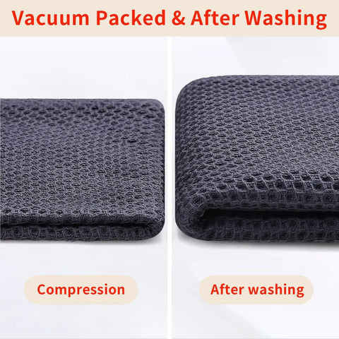 Comparison of 100 Percent Pure Cotton Waffle Weave Dish Cloths 6 Pack Dark Grey before and after washing for kitchen use.