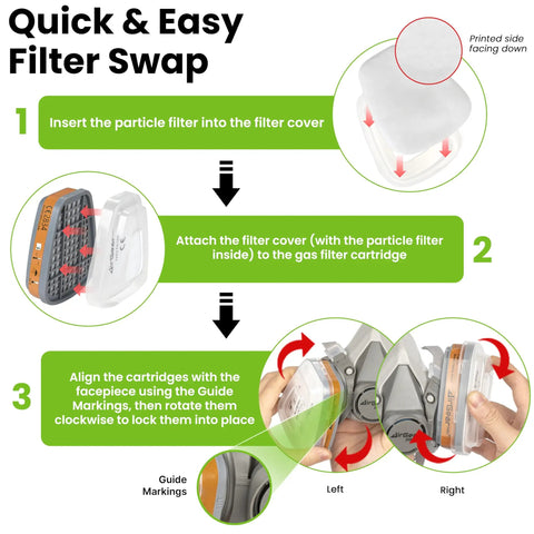 Quick and easy filter swap steps for G-500 Reusable Respirator Mask With A1P2 Filters For Gas And Dust Protection Dual Filtration System.