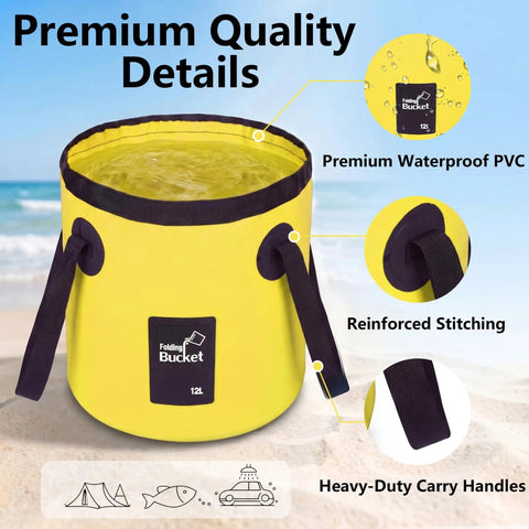 Foldable 3.2 Gallon Water Bucket With Handle For Car Wash Camping Fishing And Beach Use, showing premium waterproof PVC material