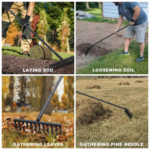 Heavy Duty Bow Rake With 60 Inch Adjustable Stainless Steel Handle, 17 Inch Wide Metal Head And 12 Sharp Teeth in yard use