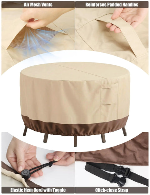 Heavy Duty 600D Oxford Waterproof Outdoor Patio Furniture Cover With Padded Handles For Tables And Chairs, elastic hem cord