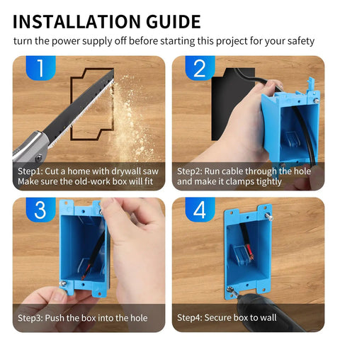 Installation guide for 1-Gang PVC Electrical Box For Old Work Blue 14 Cubic Inches With Adjustable Mounting Tabs