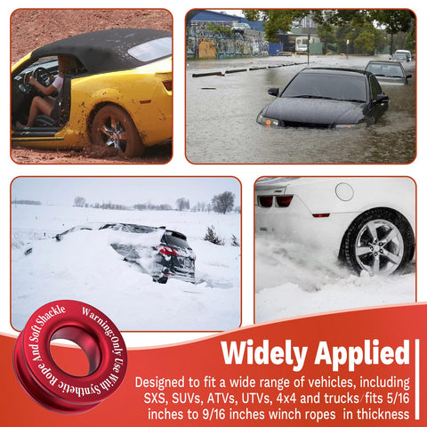 Collage showing Heavy Duty Winch Snatch Recovery Ring 66,000 Lbs break strength in use with various vehicles in off-road conditions.