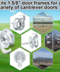 4 Pack 5 Inch Sliding Gate Rollers Kit With Galvanized Steel Pipe Track For 1 And 5 Eighths Inch Gate Track Fence Hardware Durable Weather Resistant Easy Installation And Smooth Operation In Outdoor And Industrial Gate Installations included in image collage against outdoor background, showing roller and gate uses.
