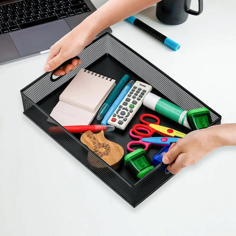 Hands holding a Two Pack Metal Mesh Desk Drawer Organizer Tray Set With Handles, Heavy-Duty Steel Desktop Storage filled with office supplies.
