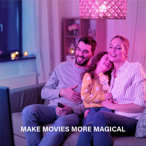 Family enjoying evening in pink-lit room with Alexa Compatible Color Changing Smart Bulbs 10 Pack With Auto Pairing E26 60W Equivalent