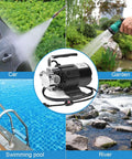 Water Transfer Pump 115V One Tenth HP Electric Utility Pump With On Off Switch Includes Two Six Foot Hoses shown for various uses