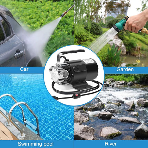 Water Transfer Pump 115V One Tenth HP Electric Utility Pump With On Off Switch Includes Two Six Foot Hoses shown for various uses