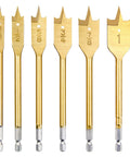 Flat Wood Spade Drill Bit Set Six Piece Paddle Bits From Three Eighths Inch To One Inch For Wood And Fiberglass Durable Paddle Style Bits That Cut Clean Holes Fast Ideal For DIYers And Pros, gold titanium-coated bits