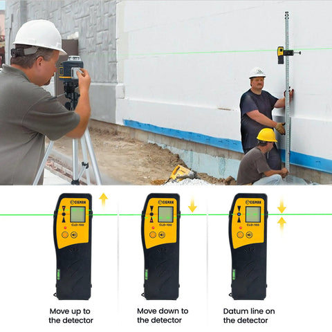 Construction crew using Line Laser Level Detector with Pulse Receiver for accurate alignment on building site.