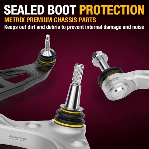 Close-up of front left and right heavy duty lower control arm with ball joint and bushing assembly kit for Dodge Ram 1500 4WD.