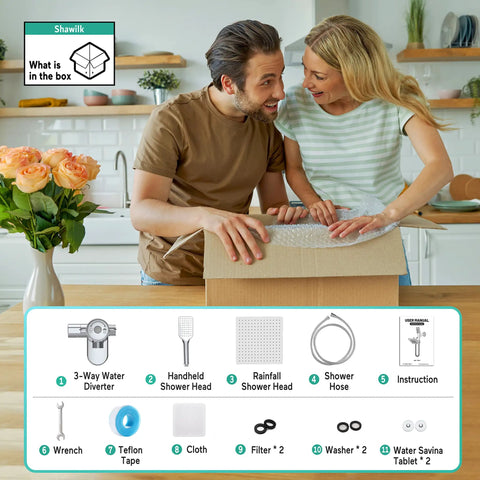 Couple unboxing High Pressure Rain Shower Head With Handheld And Dual Square Shower Head Combo 3 Spray Settings 5 Ft Hose