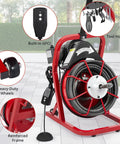 Heavy Duty Electric Drain Cleaning Machine With 75 Foot Tangle Free Steel Core Cable and GFCI, features heavy-duty wheels and reinforced frame.