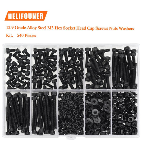 540 Piece M3 Hex Socket Head Cap Screws Kit With Nuts Washers In Black 6mm 8mm 12mm 16mm 20mm 25mm 30mm Beefy Full Threaded 12.9 Grade Alloy Steel Hardware Set displayed in a box