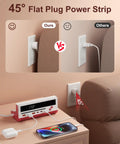 45° Flat Plug Power Strip comparison showing usage with a phone and smart display, highlighting cable management benefits.
