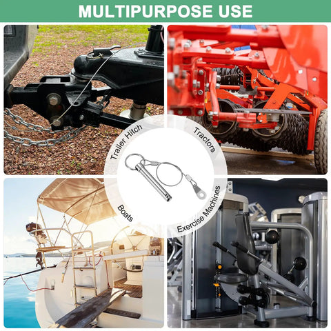 Four Pack Quick Release Pins 10mm Diameter 51mm Length 60mm With Lanyard Screw For Bimini Top And More in various uses: trailer hitch, tractors, boats, and exercise machines.