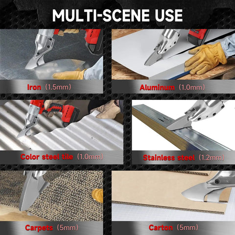 Cordless Metal Shear 18V Battery Brushless Electric Cutter For Cutting Stainless Steel Sheet Metal Iron Carpet Leather Cardboard Tool No Battery Included Workhorse shown cutting various materials like iron, aluminum, and carpet.