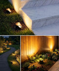 Six Pack Low Voltage Landscape Lighting Kit with 12W Well Lights illuminating garden pathways and outdoor areas