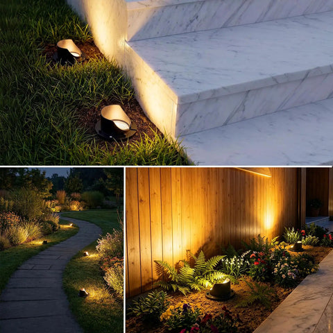 Six Pack Low Voltage Landscape Lighting Kit with 12W Well Lights illuminating garden pathways and outdoor areas