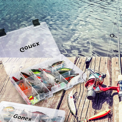 3600 Tackle Trays Three Pack Transparent Fishing Tackle Boxes Organizer with Adjustable Dividers by a lake with fishing gear