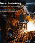 Person welding with sparks flying in a workshop, demonstrating manual and semi-machine processing techniques.