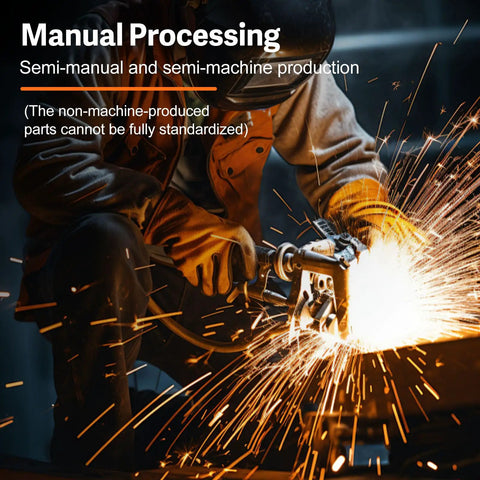 Person welding with sparks flying in a workshop, demonstrating manual and semi-machine processing techniques.