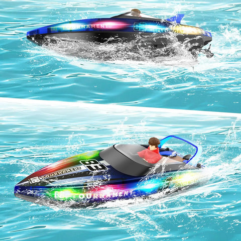 RC Boat With LED Lights For Pools And Lakes, Dual Speed Remote Control Watercraft, Self Righting, Waterproof, 40+ Minutes Of Run Time, Totally Fun Bath Toy For Kids, Blue in action.