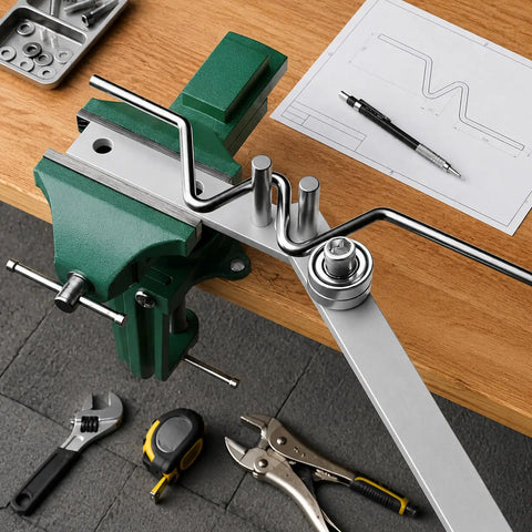 Heavy Duty Manual Rebar Bender And Compact Desktop Tube Curver Featuring Rock Solid High Carbon Steel Build for bending rods on work surface.