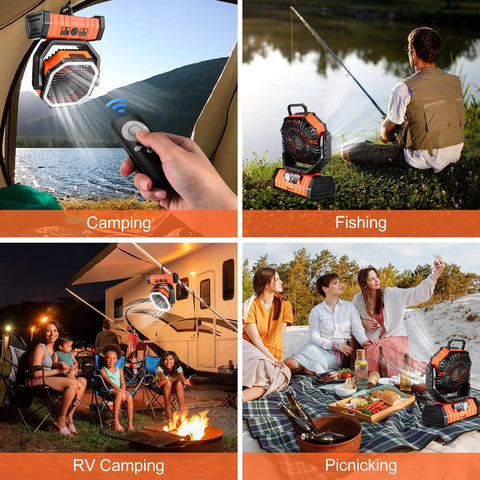 High Capacity 30000mAh Oscillating Camping Fan With LED Lantern Rechargeable Tent Fan in camping, fishing scenes.