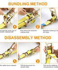 Heavy Duty Badass Ratchet Straps 4 Pack 2 Inch Wide By 27 Feet Long With Double J Hooks showing bundling and disassembly methods.