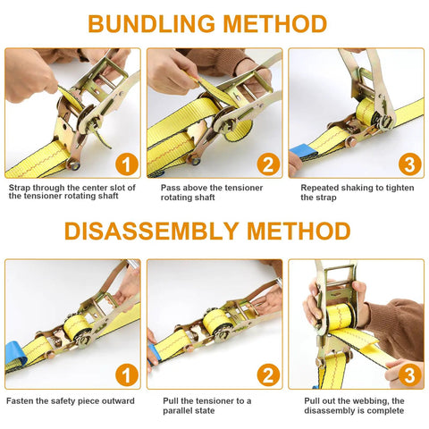 Heavy Duty Badass Ratchet Straps 4 Pack 2 Inch Wide By 27 Feet Long With Double J Hooks showing bundling and disassembly methods.