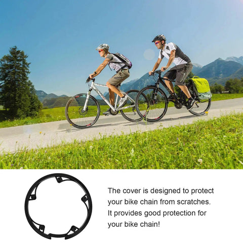Cyclists on bikes; Bike Chain Guard Protector For Mountain City And Road Bikes Durable Plastic Shield With 5 Holes And 48 Teeth