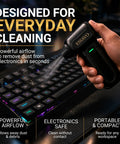 Person using Cordless Air Duster With 130,000 RPM Brushless Motor, LED Light, Four Speed Settings, USB C Rechargeable on keyboard