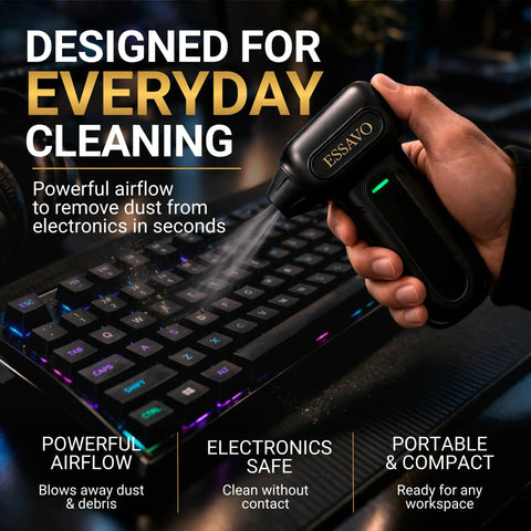 Person using Cordless Air Duster With 130,000 RPM Brushless Motor, LED Light, Four Speed Settings, USB C Rechargeable on keyboard