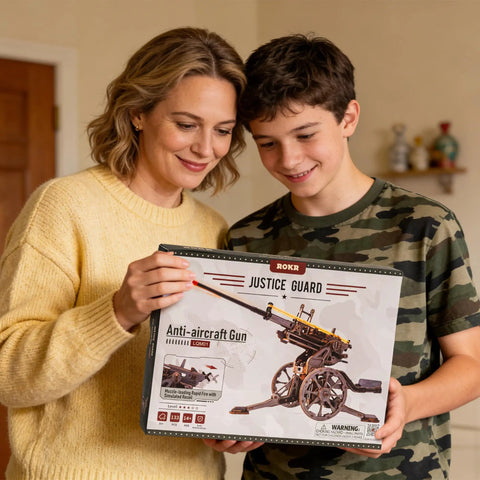 Smiling adults holding Anti-Aircraft Gun 3D Wood Puzzle For Adults And Teens, Hands-On Mechanical Rubber Band Shooting Model Kit.