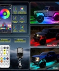 12 Pods 252 LEDs 5 Sides RGB Rock Lights With App And 2 Remote Control For Trucks displayed on various vehicles.