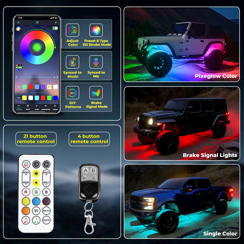 12 Pods 252 LEDs 5 Sides RGB Rock Lights With App And 2 Remote Control For Trucks displayed on various vehicles.