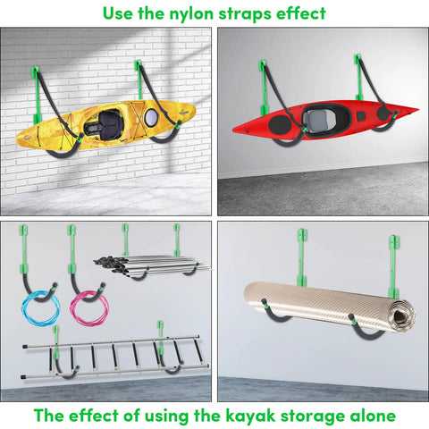 Tough As Nails Kayak Wall Mount Rack And Storage Holder 2 Pack Heavy Duty Steel with EVA Cushioned Hooks, showing yellow and red kayaks mounted.