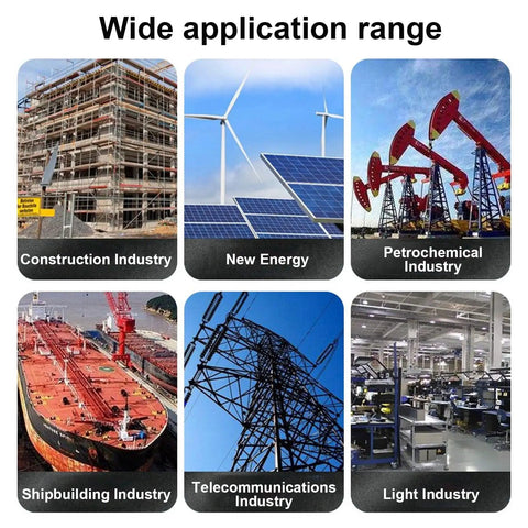 Image showing various industries: Construction, New Energy, Petrochemical, Shipbuilding, Telecommunications, and Light Industry applications.