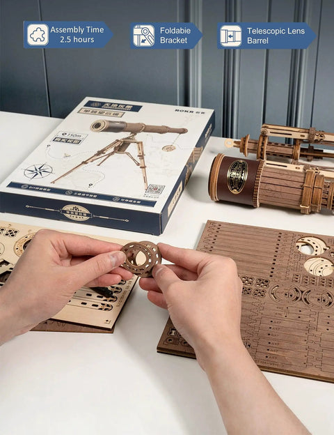 Wooden Telescope Building Kit With Tripod For Adults, 3X Magnification, 3D Puzzle STEM Toy, Retro Pirate Scope With Skull Lens Cover, Hands On Gift For Adults, Cool DIY Science Kit For Curious Minds And Hobbyists, hands assembling parts