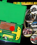 Heavy Duty Universal Tire Plug Kit With 33Pcs Puncture Repair Tools, open green case showing tools for cars and motorcycles