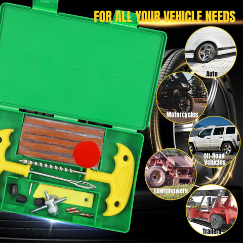 Heavy Duty Universal Tire Plug Kit With 33Pcs Puncture Repair Tools, open green case showing tools for cars and motorcycles