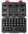 Ten Piece One Half Inch Drive Deep Universal Metric Impact Socket Set With Radius Corner Design in black case, sizes 10-19 mm