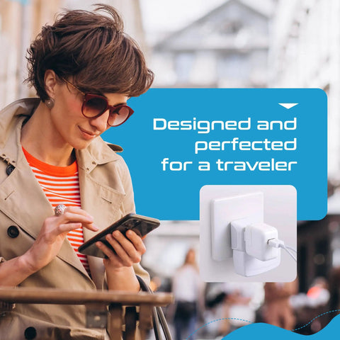 Woman using phone with Italy And Chile Travel Plug Adapter Set With Type L Grounded Socket Dual USA Input Compact 3 Pack in use.