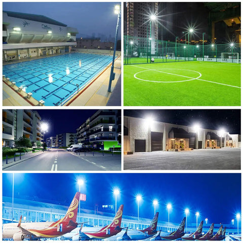 Two Pack 50W LED Flood Lights Outdoor Plug In 7000 Lumen IP65 Waterproof Security Lights illuminate large outdoor areas at night.