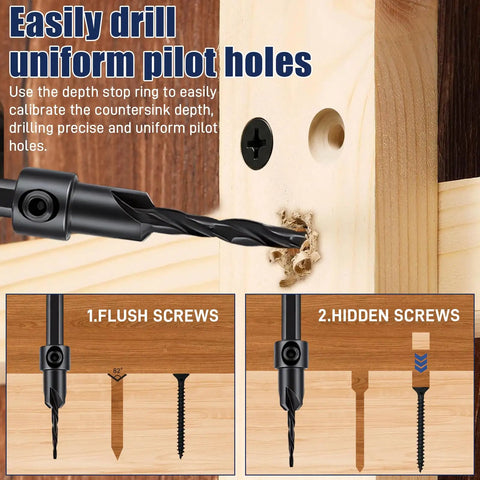 Boss Quality 17 Piece Countersink Drill Bit Set With Hex Shank Wood Plug Cutters Screwdriver Bits And Extension Shaft for drilling precise pilot holes.