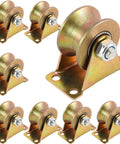 Heavy Duty 2 Inch U Groove Wheel Pulley Set, 8 Pack, 660 LB Capacity, 45 Steel, Sliding Gate Rollers With Bracket, Rigid Caster For Inverted Track, Rolling Gate, Industrial Machines, Wire Rope Rail; 8 gold U-groove pulleys