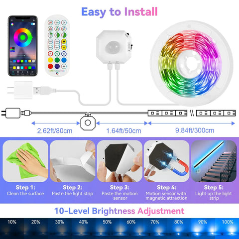 Illustration of Motion Sensor RGB LED Light Strip Kit Two Strips Each Nine Point Eight Feet Long With Remote And App Control.